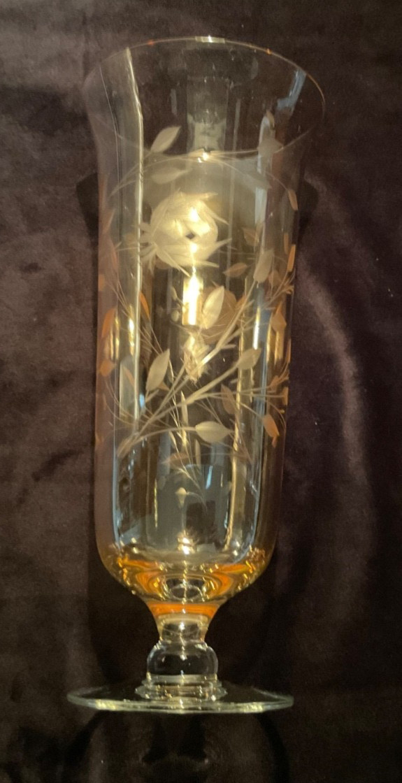 Vintage Amber Etched Art Glass Footed Vase. Vines and Flowers. 10”