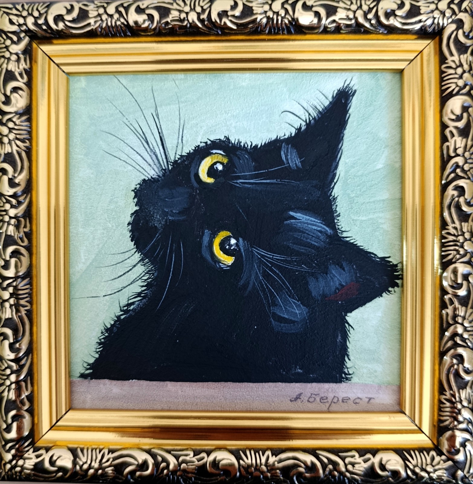 ORIGINAL Oil Painting Black cat Animals Pet Contemporary Wall art Miniature