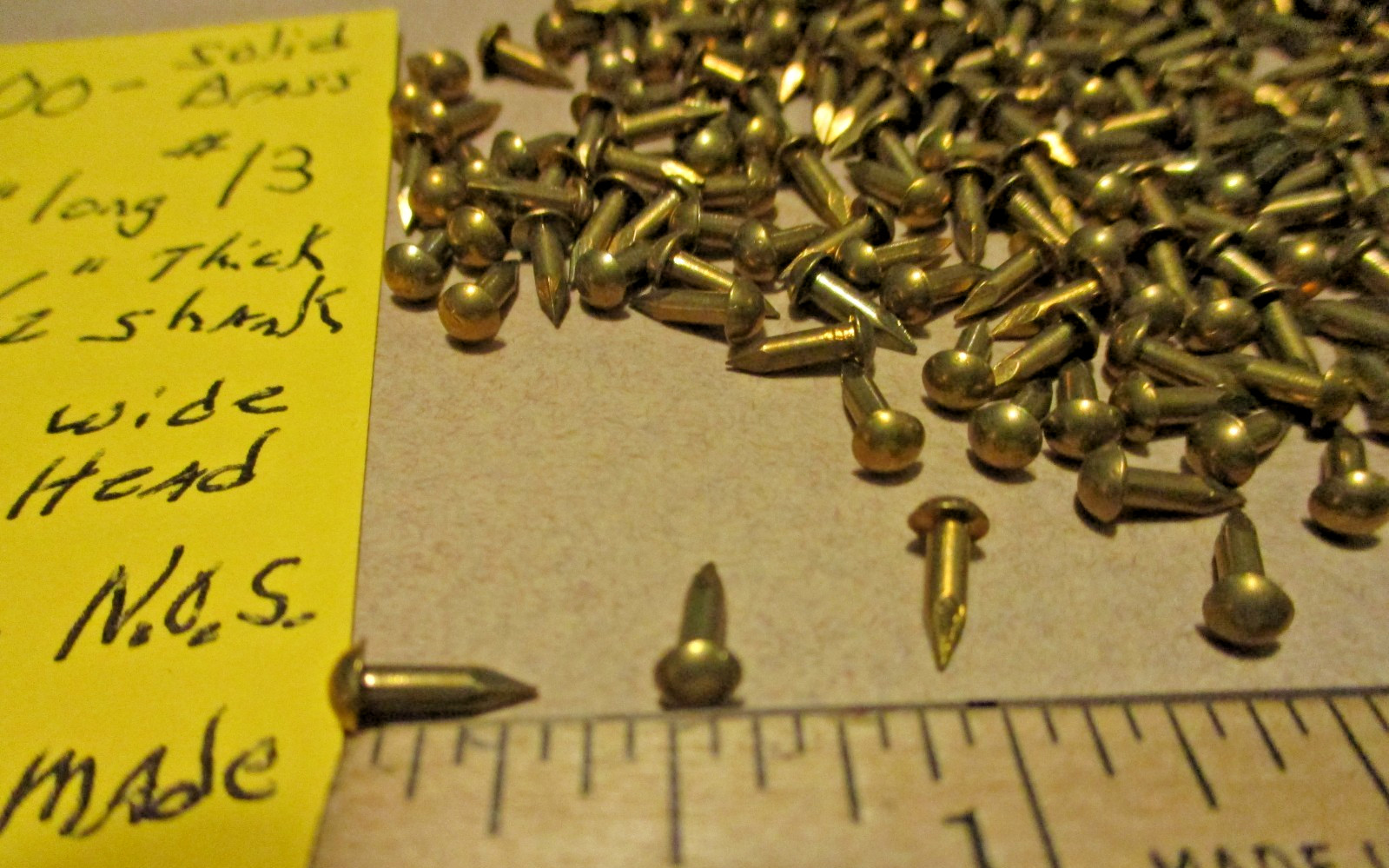 100--VINTAGE 1/4" X #13, SOLID BRASS BRAD NAILS, ROUND DOME HEAD ESCUTCHEON PINS