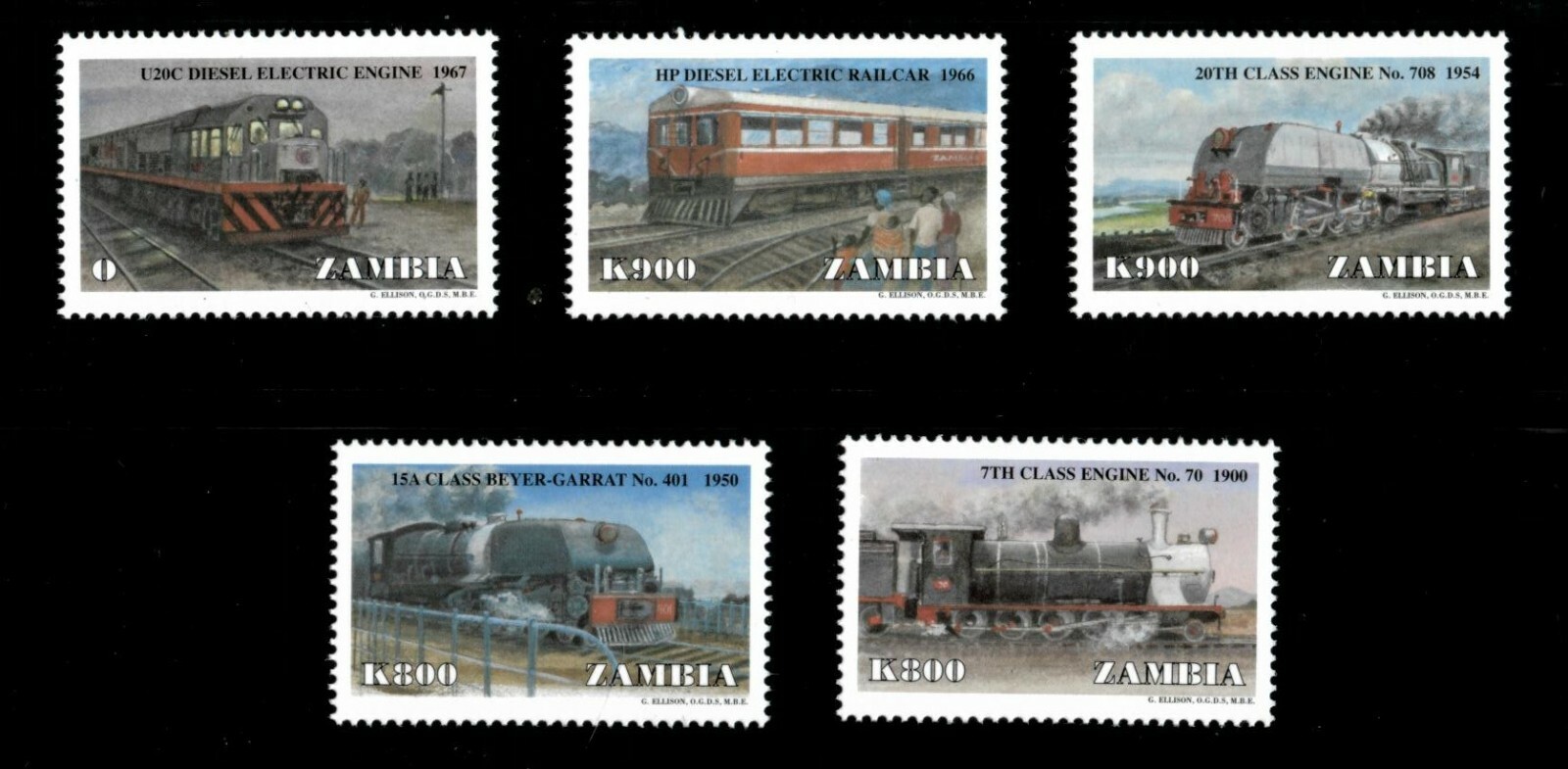 Zambia 1998 - Trains And Railcars - Set of 5 Stamps - Scott #776-80 - MNH