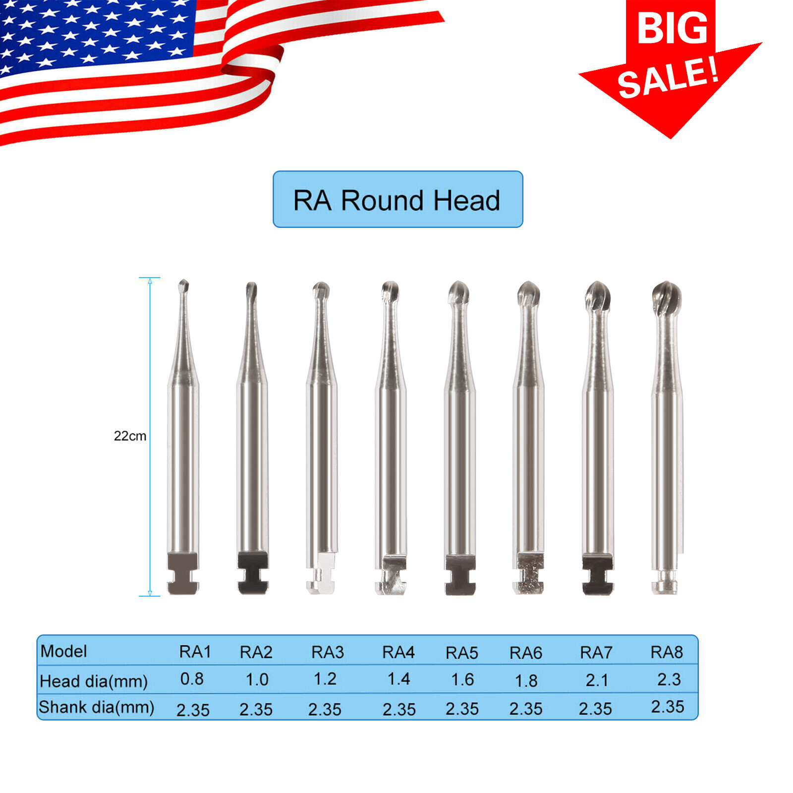 Dental Round Carbide Bur for Slow Speed Latch Type Handpiece RA 1# - 8# Burs