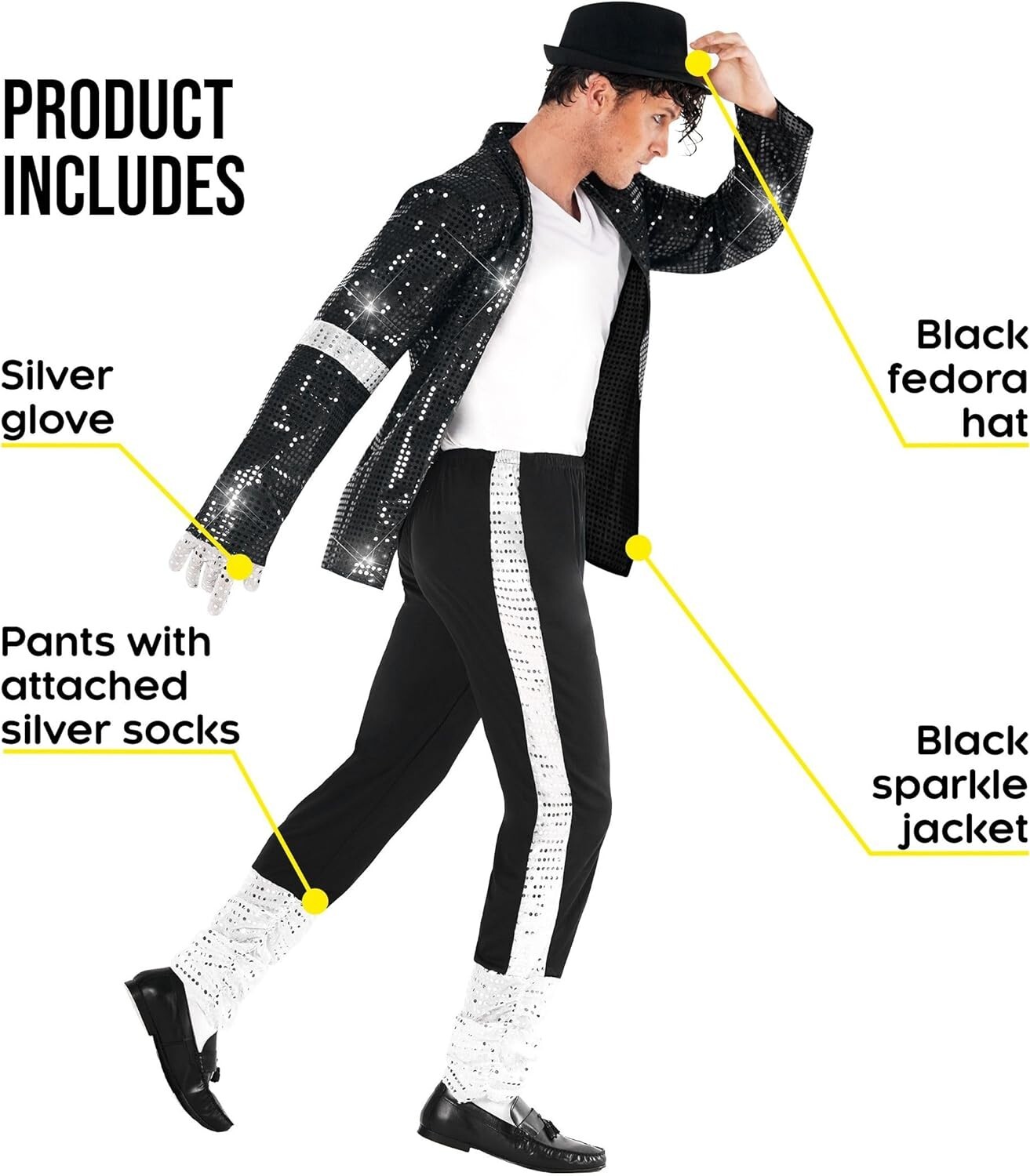 Men`s King of Pop Costume Adult 80s MJ Moonwalking Popstar Black Outfit M - 3XL