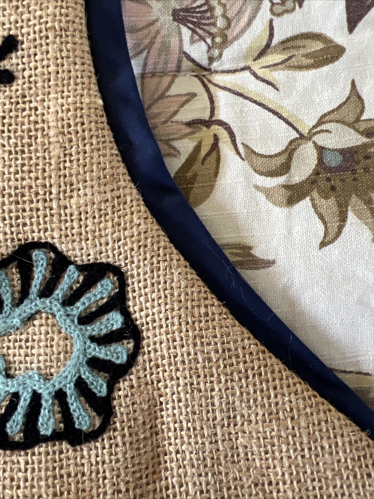 ARCADIA HOME CHRISTMAS STOCKING 100% JUTE EMBROIDERED BLUE BIRD AND FLOWERS