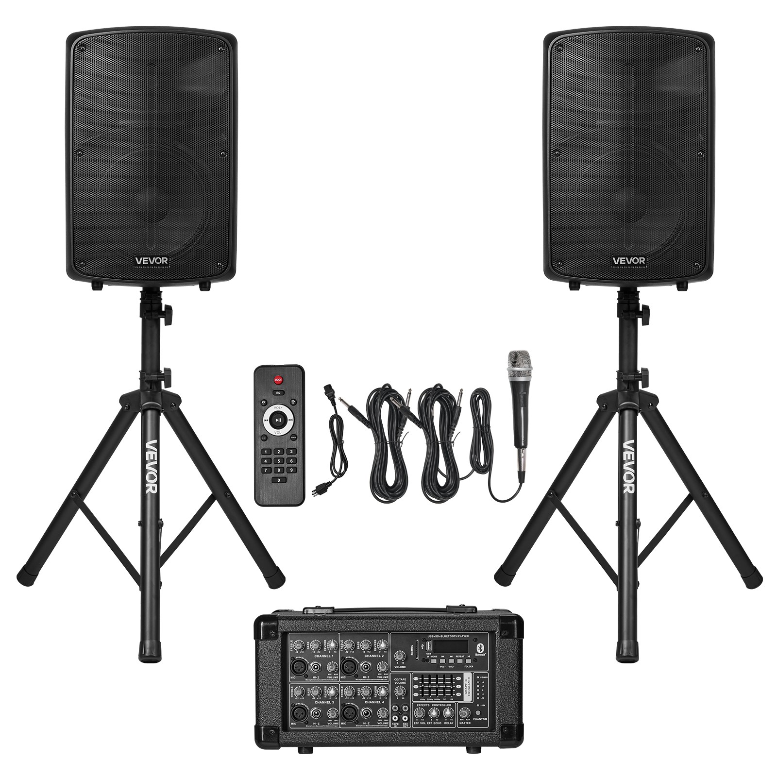 VEVOR 2 X 10in Speakers PA System 800W Mixer Wireless Bluetooth Mic for DJ Party