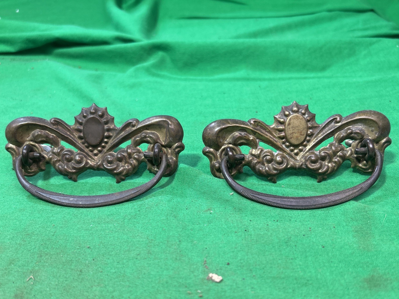 Two ANTIQUE Brass Pressed Drawer Pull Furniture Hardware Circle Metal Bail