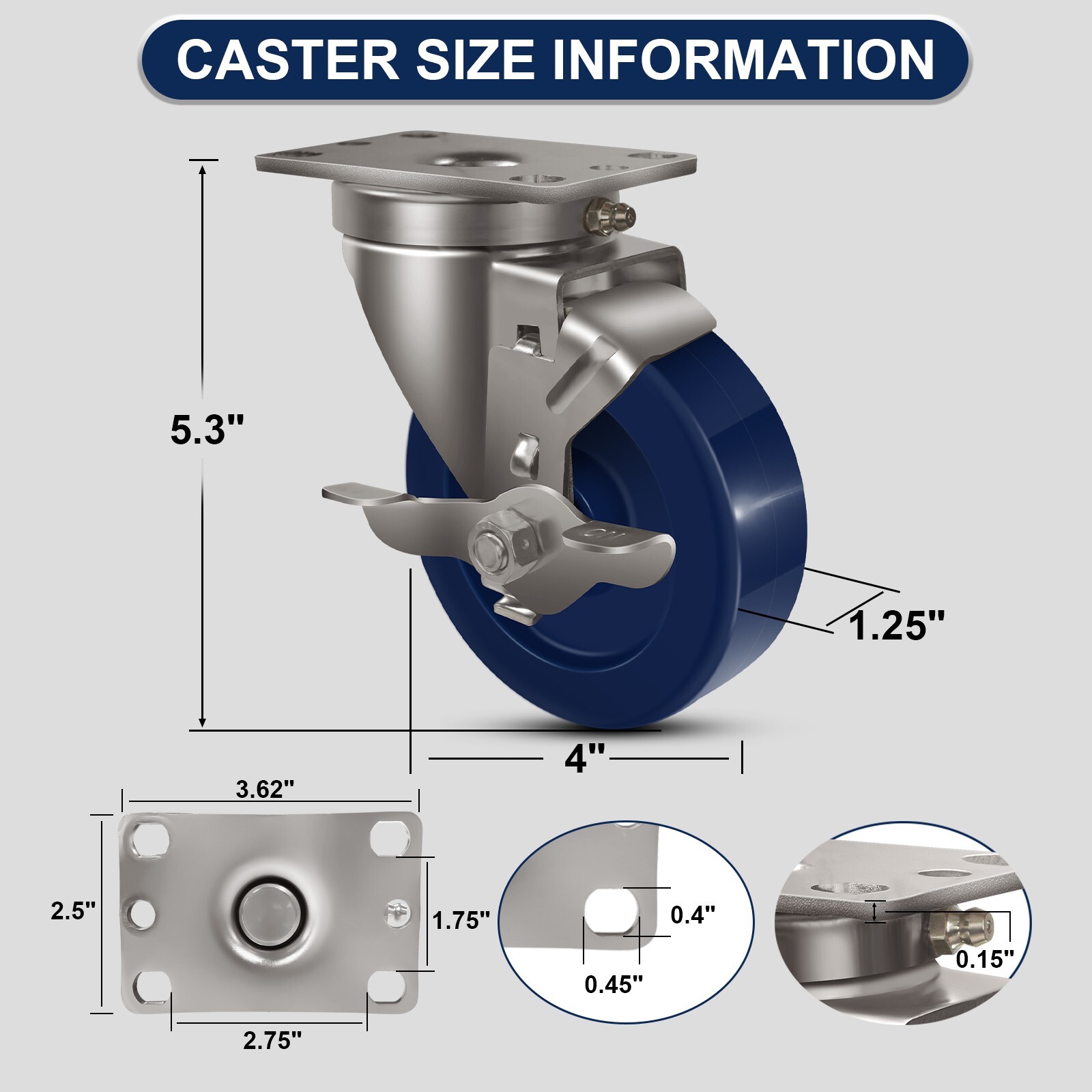 4" Stainless Steel Casters，Heavy Duty Industrial Casters， Load Capacity 1800 lbs