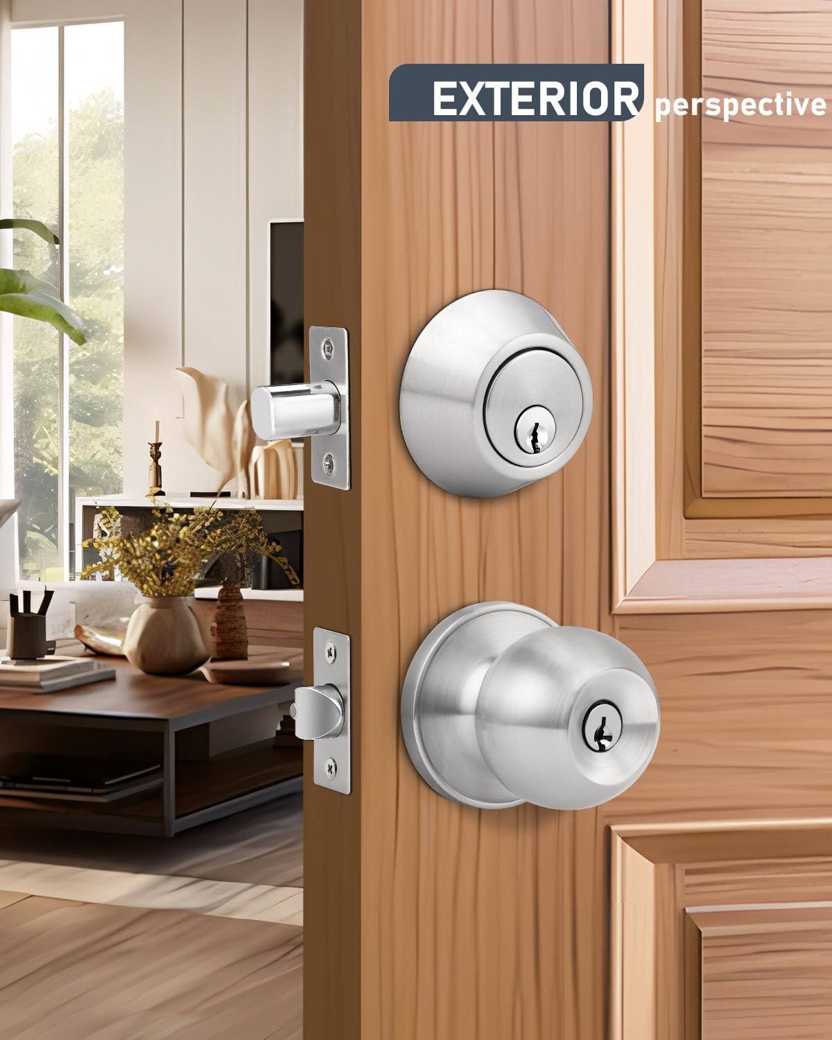4 Pack Entry Knob & Deadbolt Set, Satin Nickel, Keyed Alike, Exterior