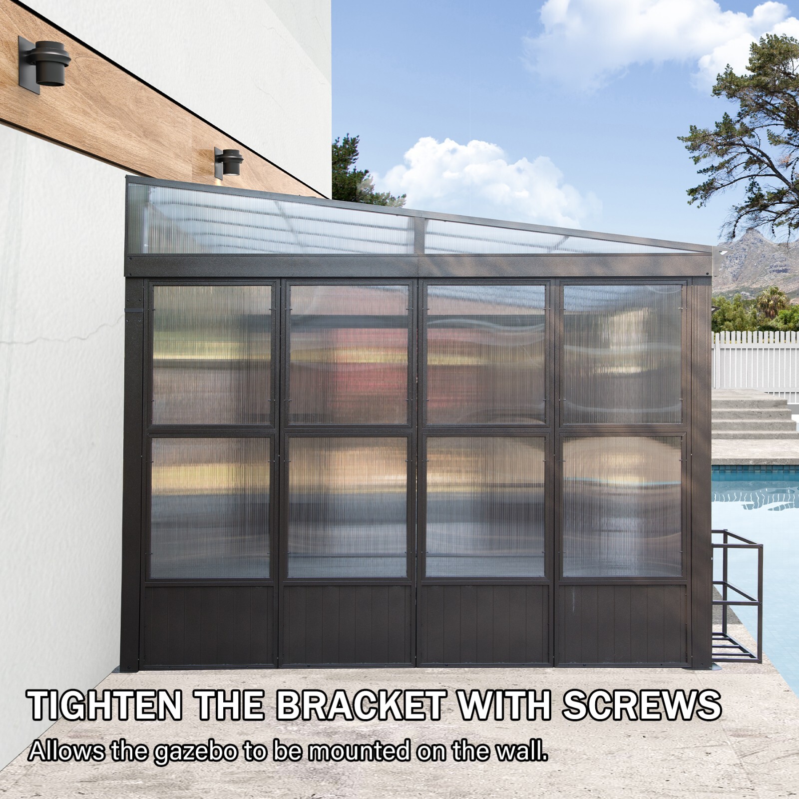 Domi 10x14FT Wall Mounted Sunroom with PC Roof and Lockable Sliding Doors