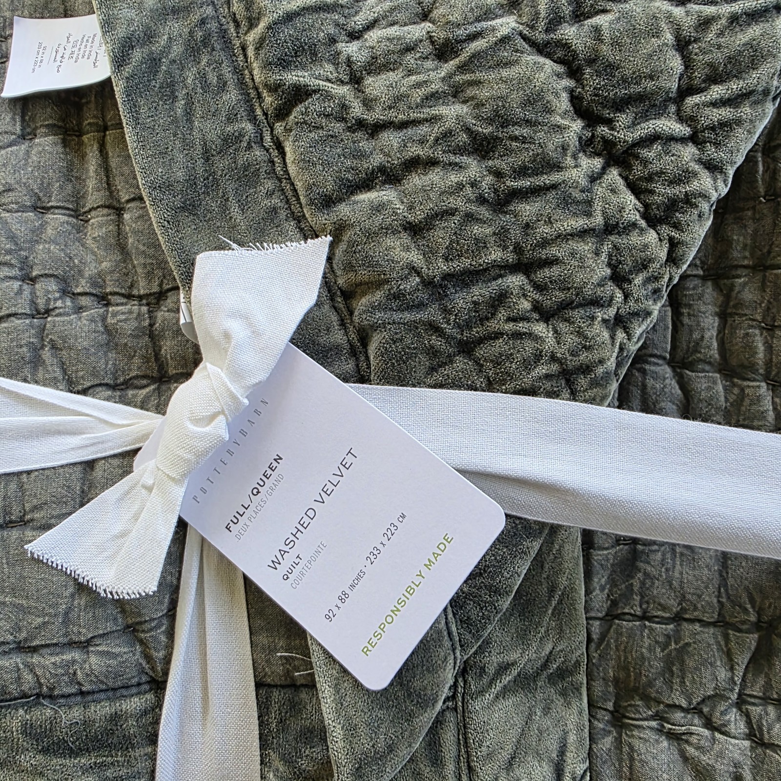 Pottery Barn Washed Velvet Handcrafted Quilt Full Queen Loden Green New