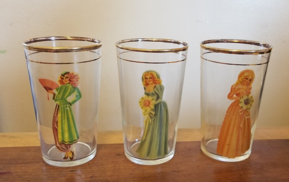Set of 3 Vintage 1940s Peek-A-Boo Decal Pin Up Lady Girl Highball Glasses