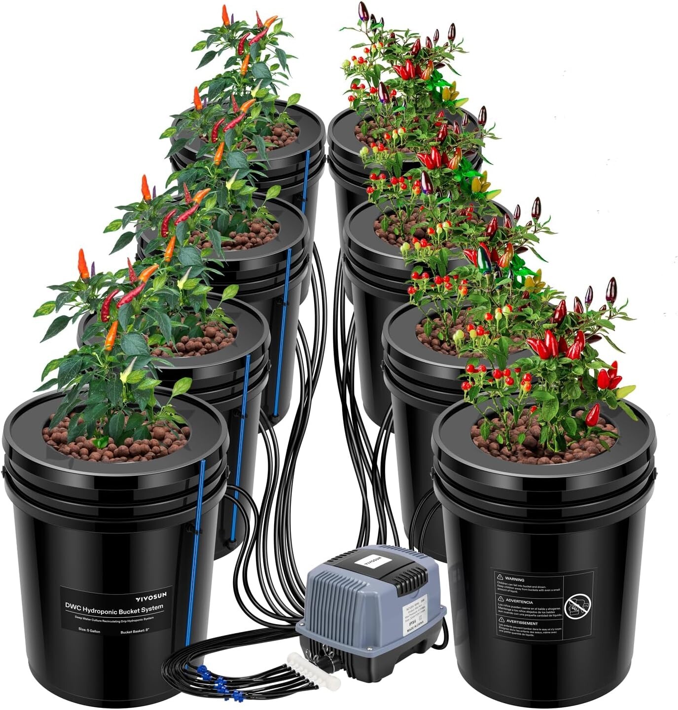 VIVOSUN 8 Bucket 5 Gal DWC Hydroponics Grow System w/ Top Drip Kit
