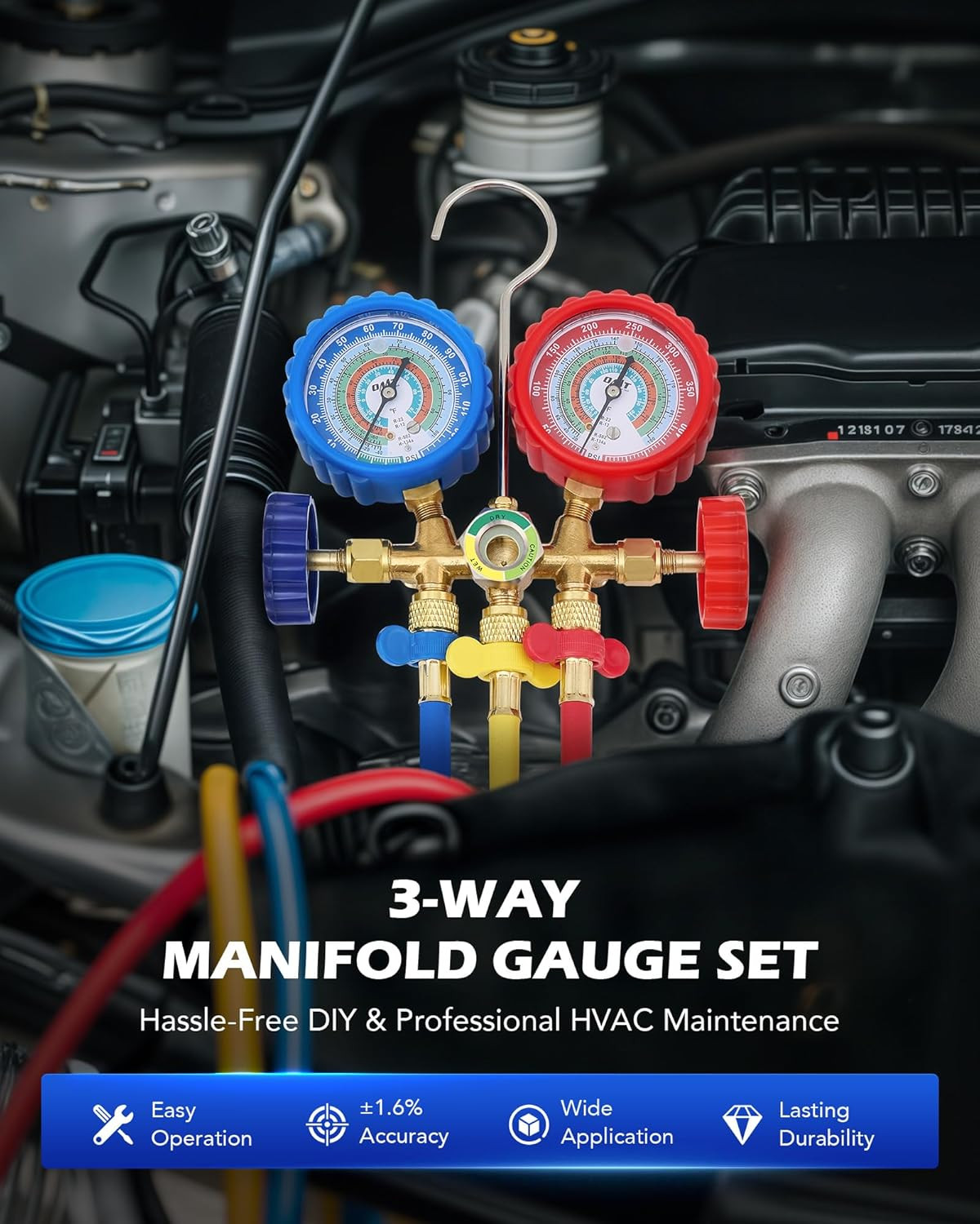 AC Manifold Gauge Set for R12 R22 R502 R134A Refrigerant, 3 Way Automotive AC Ga