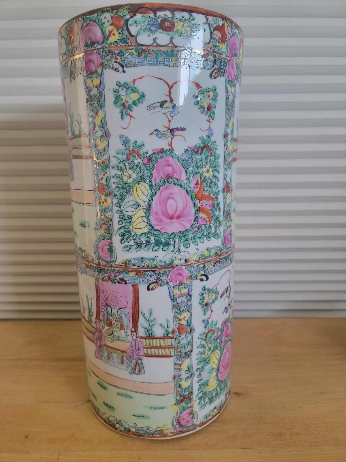 Vintage Porcelain Asian Umbrella Stand Pot Hand Painted 18 3/8" x 8 1/8"