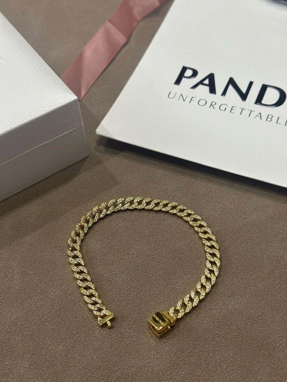 Pandora Timeless Pavé Cuban Chain Bracelet Gold Tone Unisex 7.9"