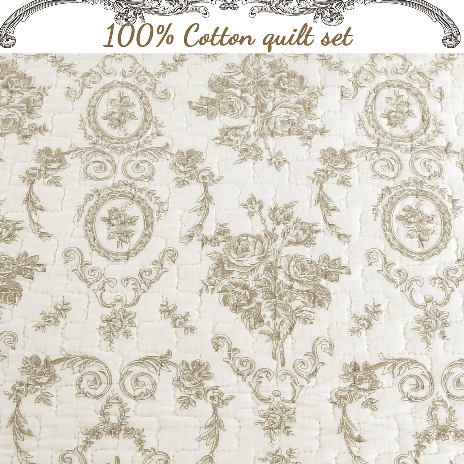 FRENCH IVORY MEDALLION 3p King QUILT SET: COZY COTTON TOILE STRIPE SHABBY FLORAL