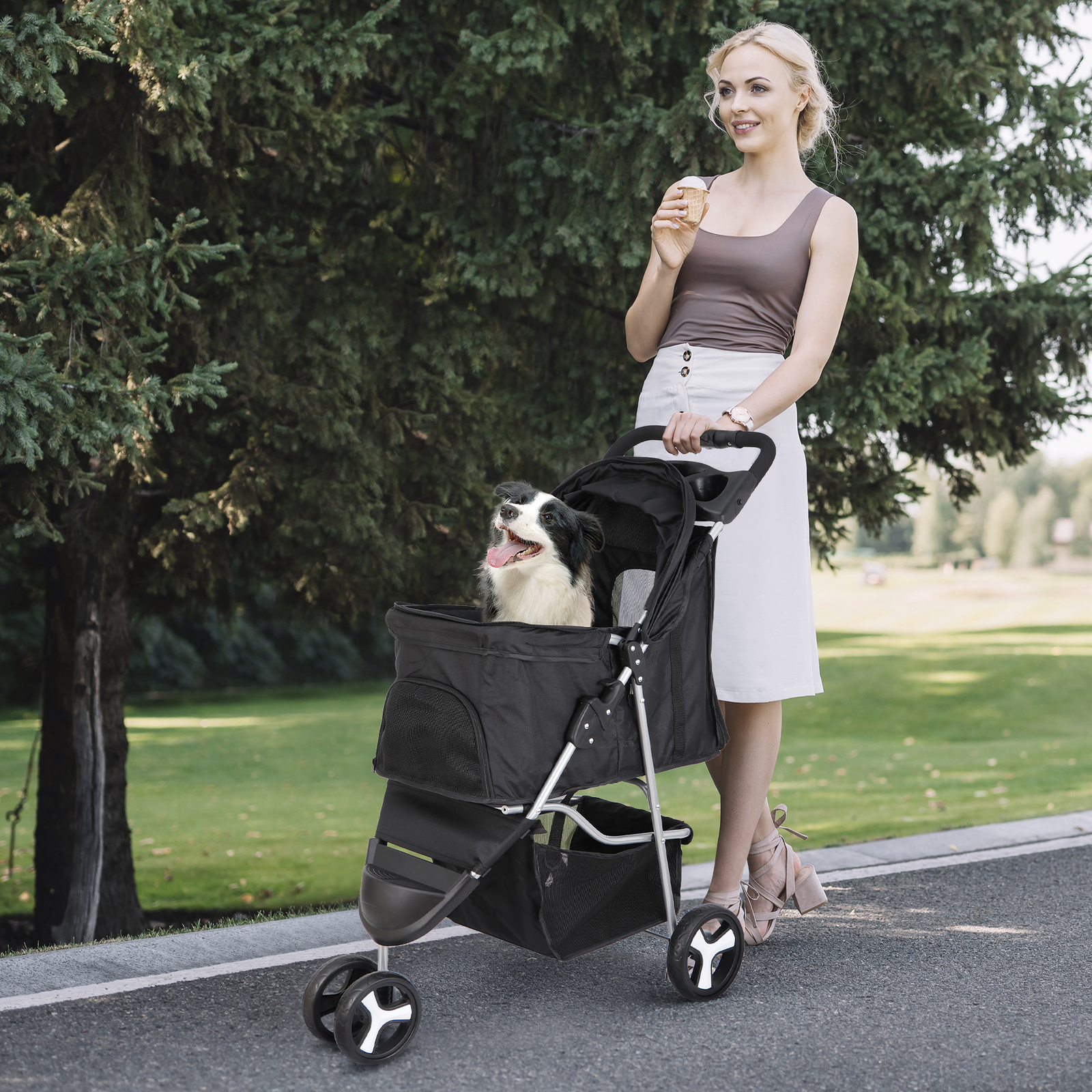 3/4 Wheels Foldable Dog Stroller Pet Travel Carriage for Pets with Carrier Cart