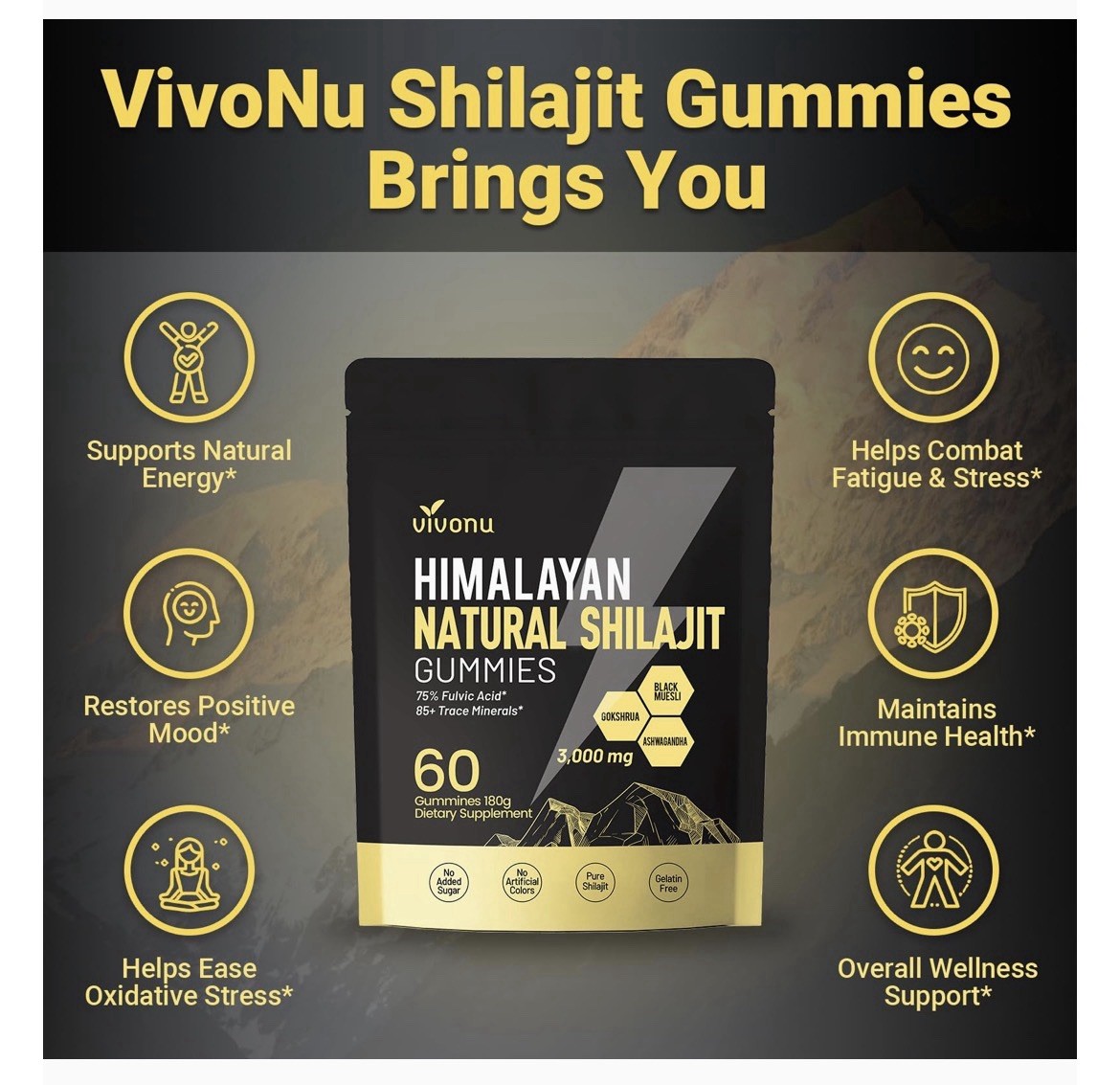 VivoNu Natural Himalayan Shilajit Gummies. Pure SHILAJIT / 60 Gummies