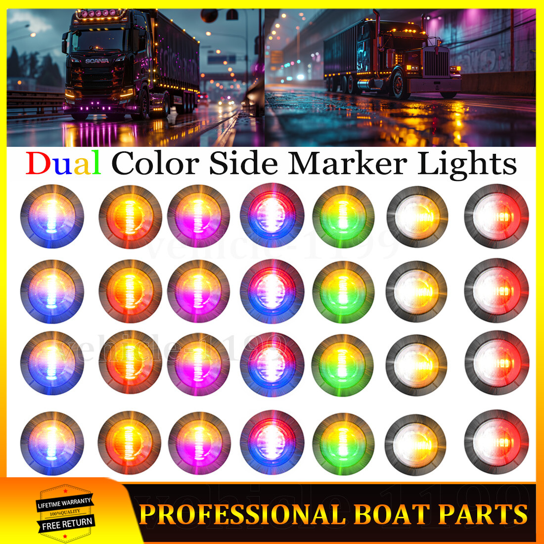 Dual Color LED Marker Lights Round 3/4"Truck Trailer Side Clearance Light Bullet