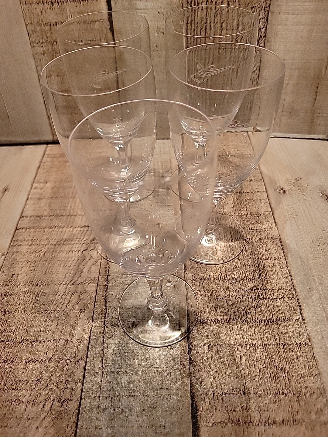 5 FOSTORIA Ford THUNDERBIRD Promo Etched crystal Wine Glass set Vintage Stemware
