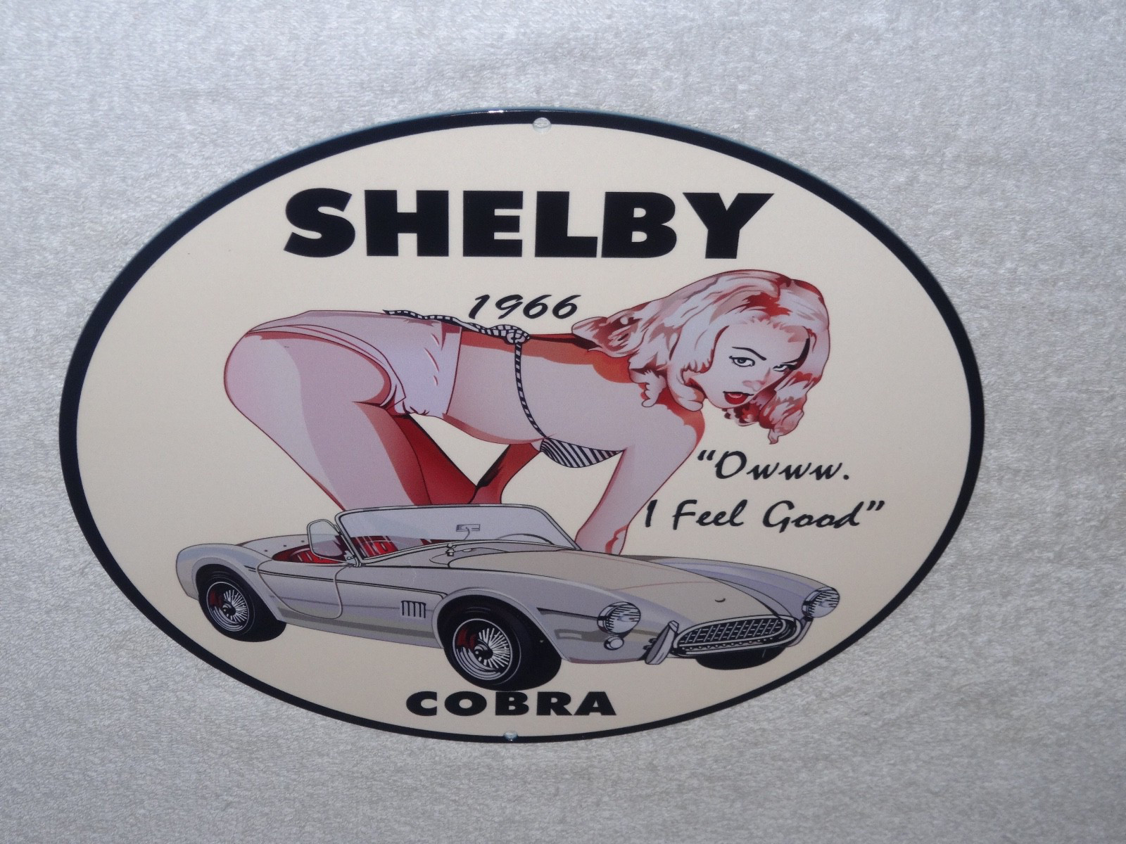 VINTAGE 1966 FORD SHELBY COBRA SPORTS CAR & WOMAN 12" METAL GASOLINE & OIL SIGN!