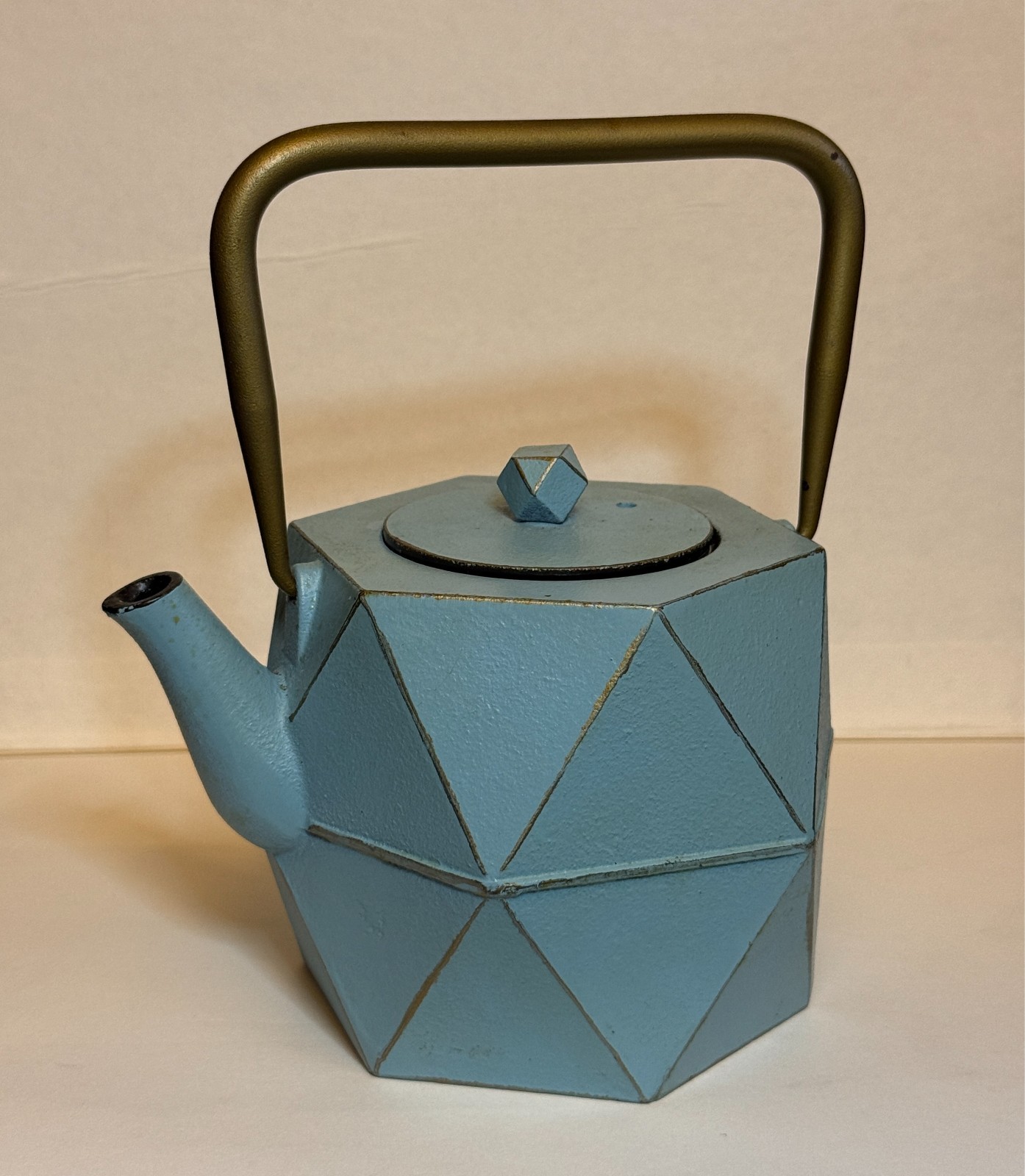 Japanese Tetsubin Cast Iron Blue Diamond Geometric Tea Kettle Stovetop w Infuser