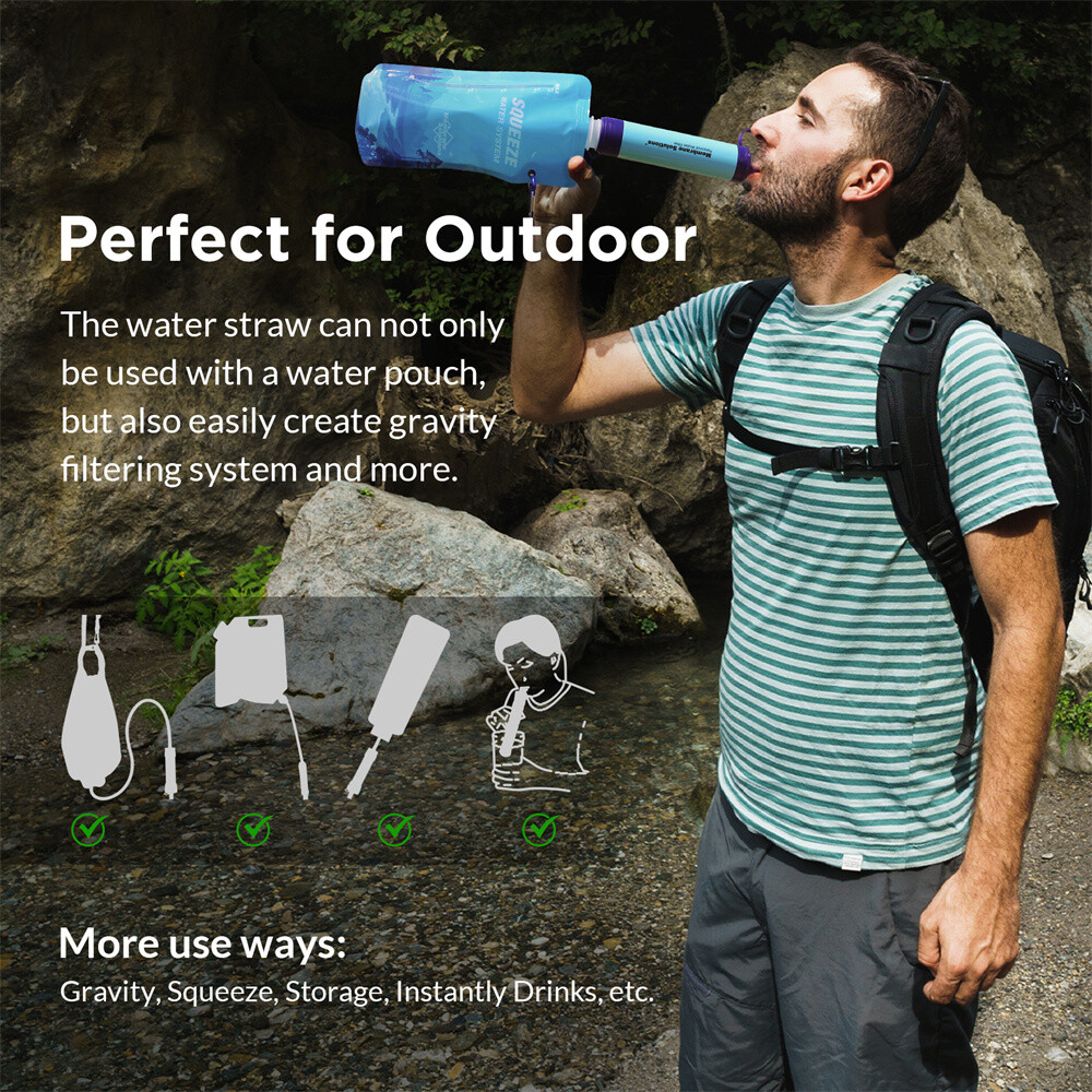 Personal Water Filter Straw|2xCollapsible Water Storage Bags|Portable Filtration