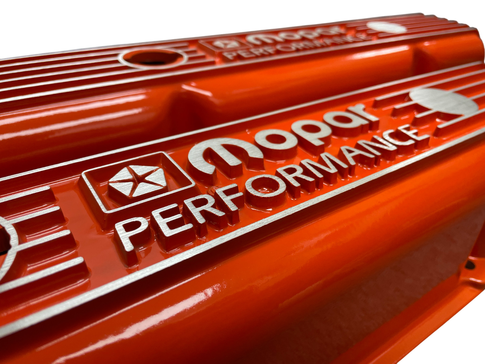 NOS Mopar 383 400 440 ORANGE Die-Cast Aluminum Valve Covers W/ Logo Breathers