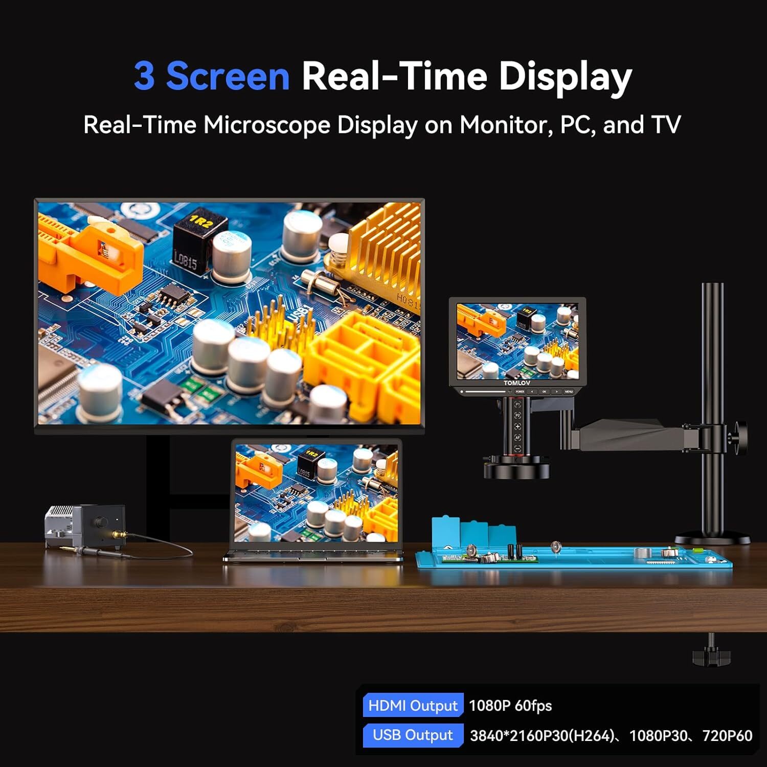 TOMLOV 8" TM4K-AF Autofocus Digital Microscope Flex Arm 4K Soldering Microsope