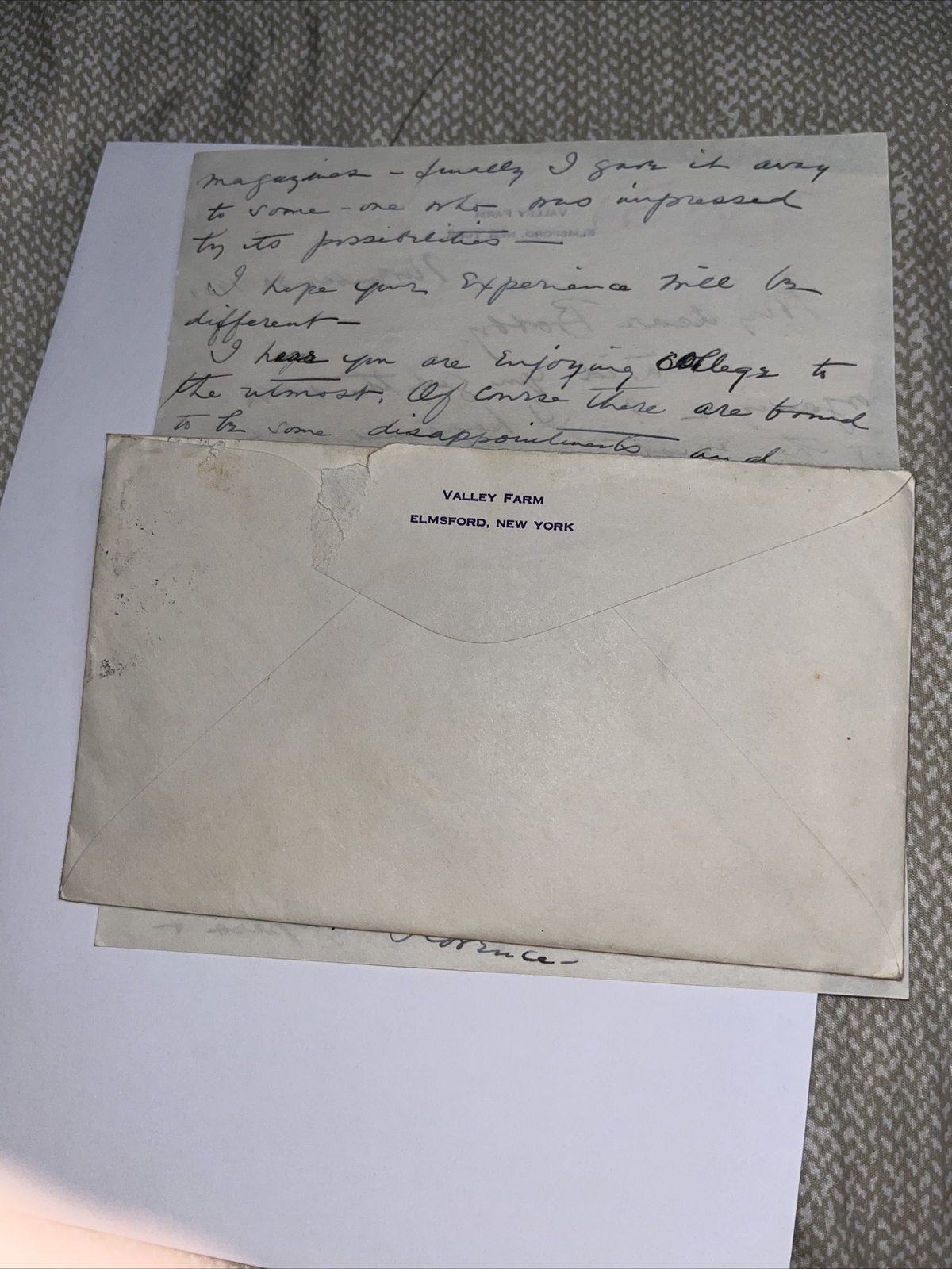 1934 Correspondence On Valley Farm (Elmsford NY) Letterhead to Dartmouth College