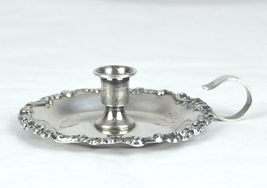 STERLING SILVER REPOUSSE RIM TAPER CANDLE HOLDER WITH FINGER RING - 31.9 GRAMS