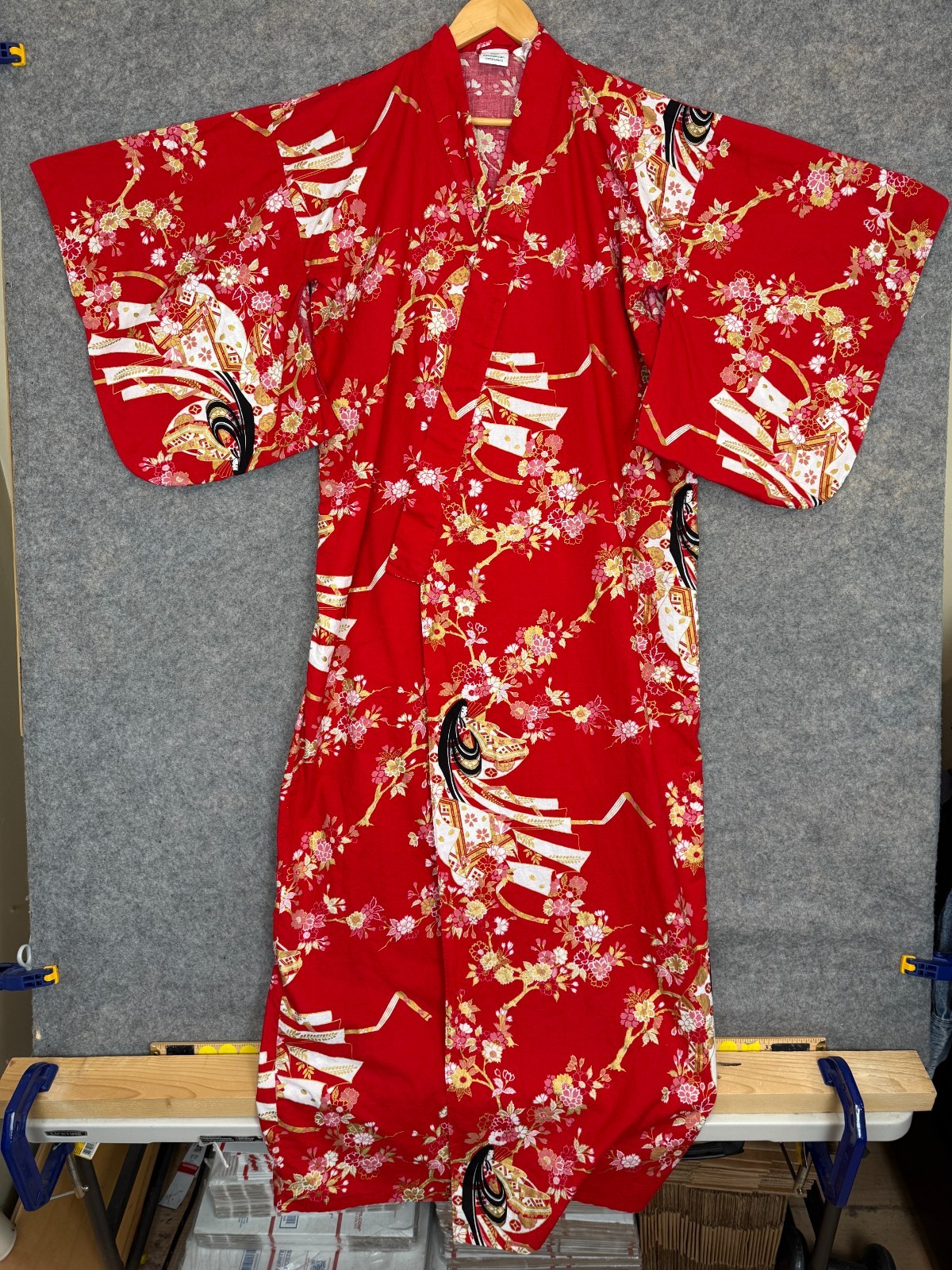 Vintage Smithsonian Institution Japanese Yukata Kimono XL Cherry Blossom Belted