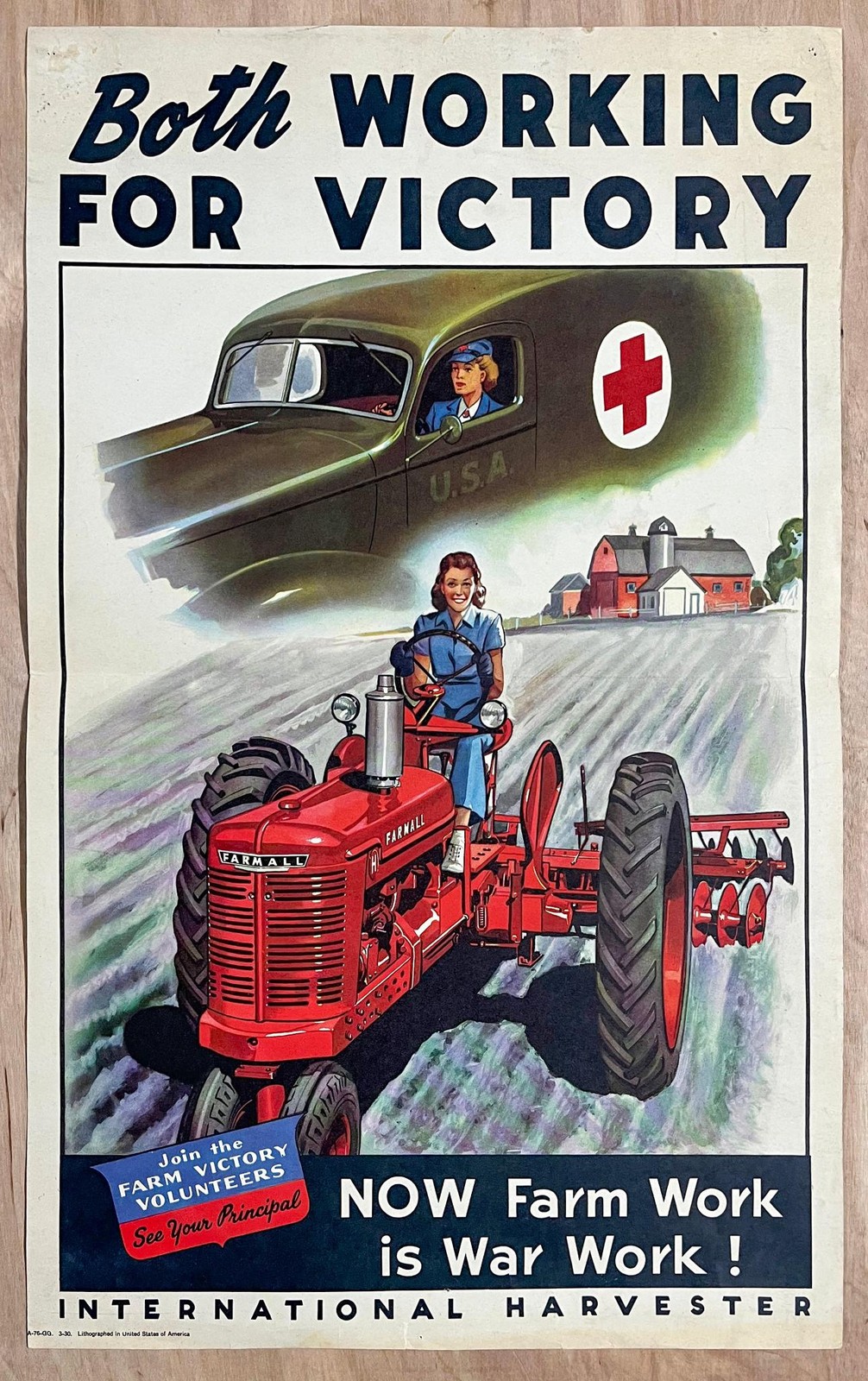 c.1943 NOW Farm Work is War Work Poster International Harvester Farmall Tractor
