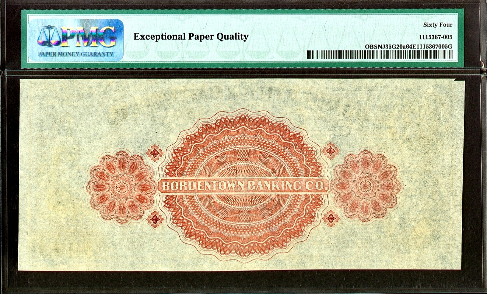 1850’s New Jersey Bordentown Banking $10 Dollar Obsolete Banknote PMG 64EPQ