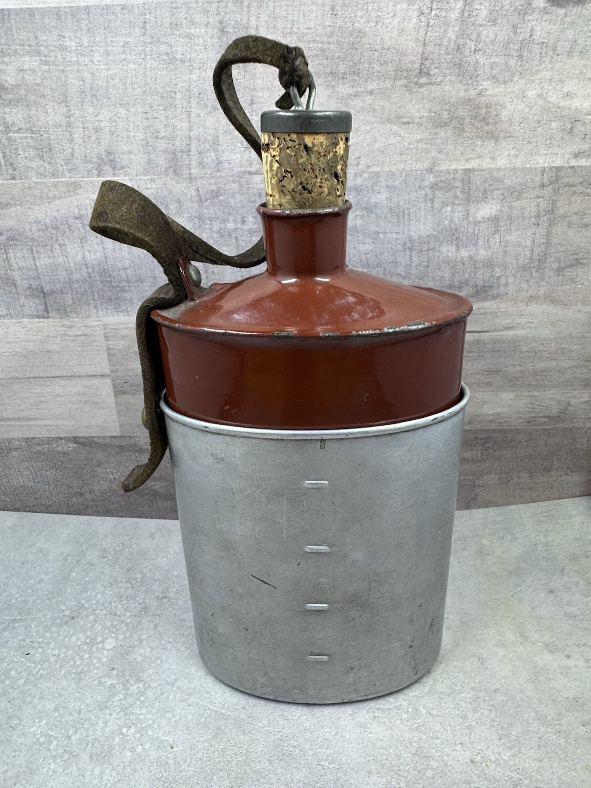 Vintage Swiss Army Canteen Enamel Water Bottle w/ Cork & Leather Strap 8.5”