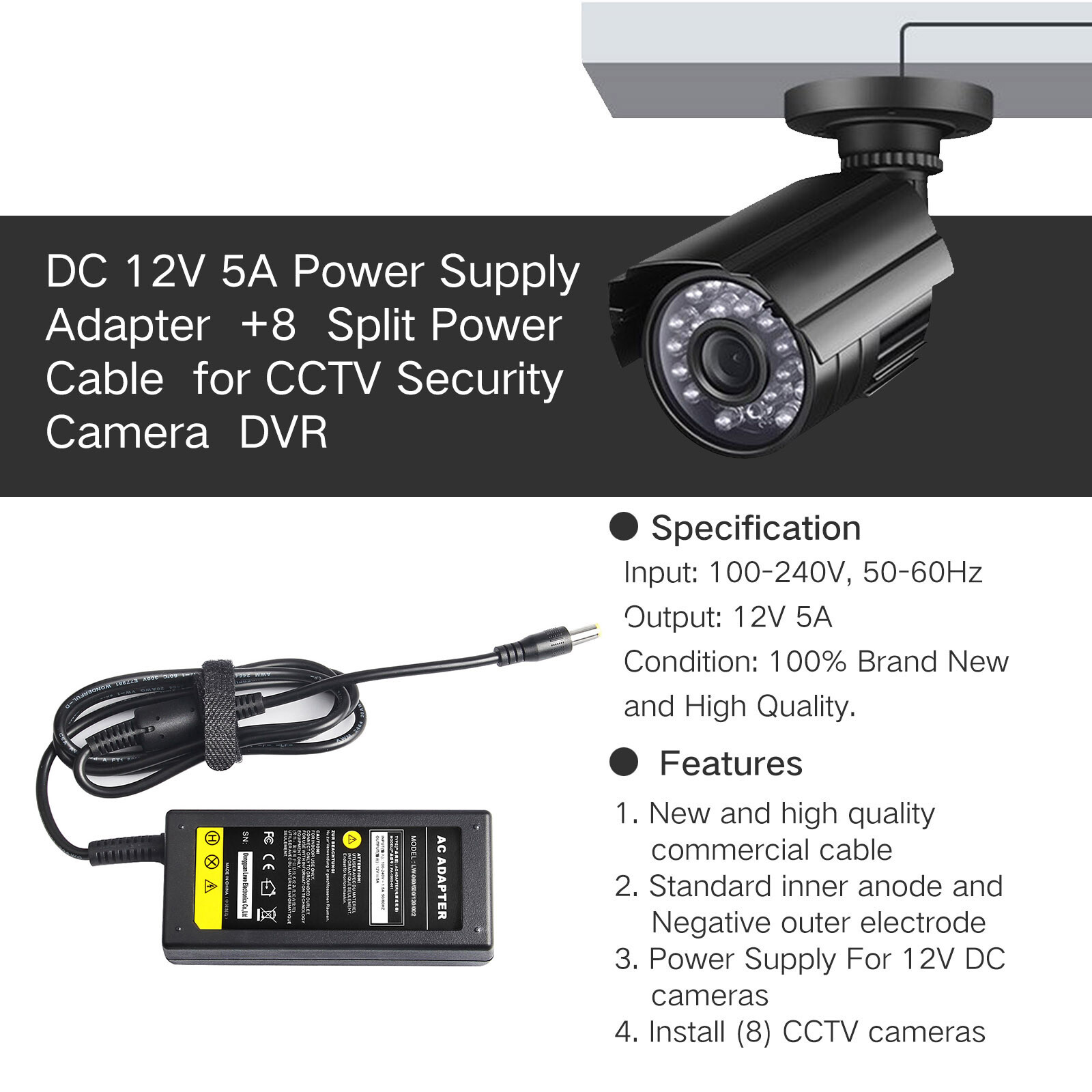 DC 12V 5A Power Supply Adapter +8 Split Power Cable for CCTV Security Camera DVR