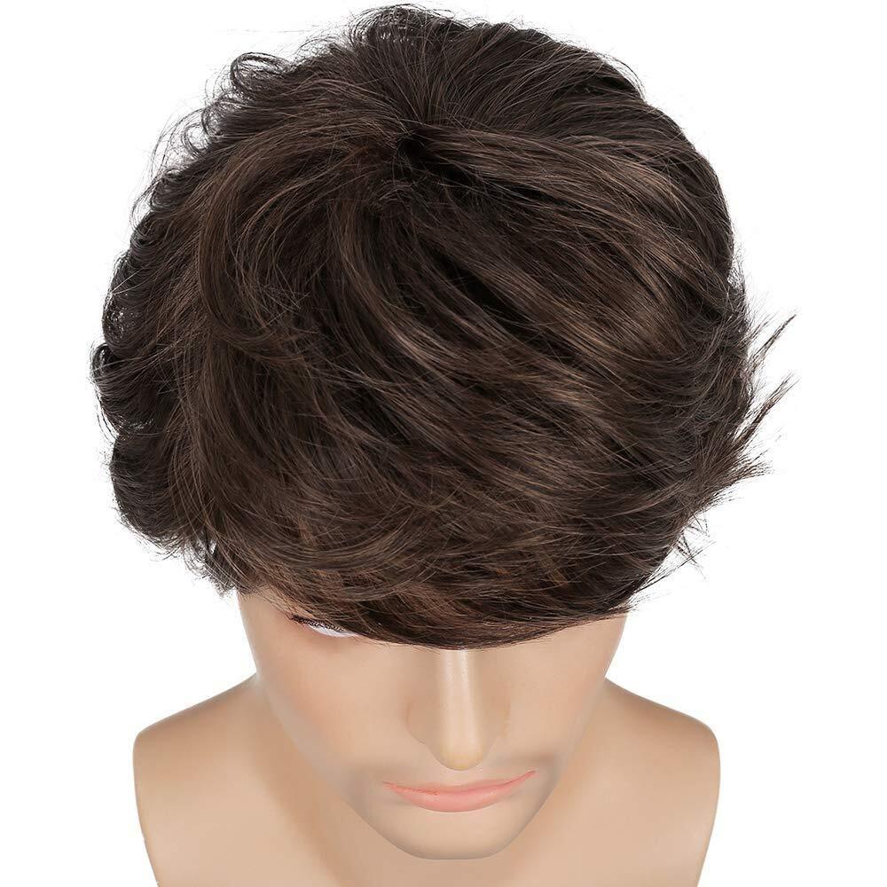 Men's Short Brown Wig Natural Fluffy Synthetic Hair Wig Heat Resistant Daily USA