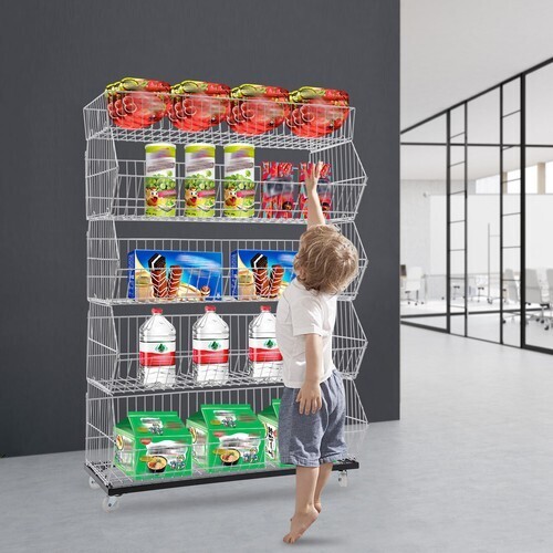 5 Tier Wire Grid Retail Display Shelf Merchandise Display Rack Stand w/4 Pulleys