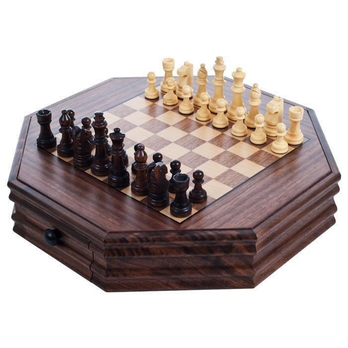 Octagon Wooden Chess and Checkers Set 13 Inch Storage Drawers Nice Office Set
