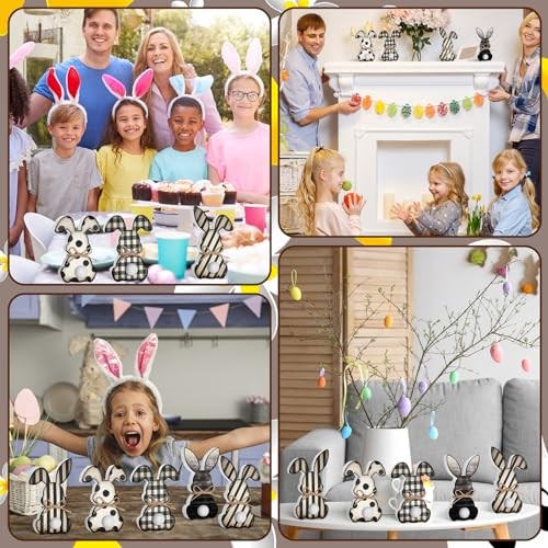5 Pcs Easter Bunny Wooden Signs Buffalo Plaid Bunny Decor with Jute Rope