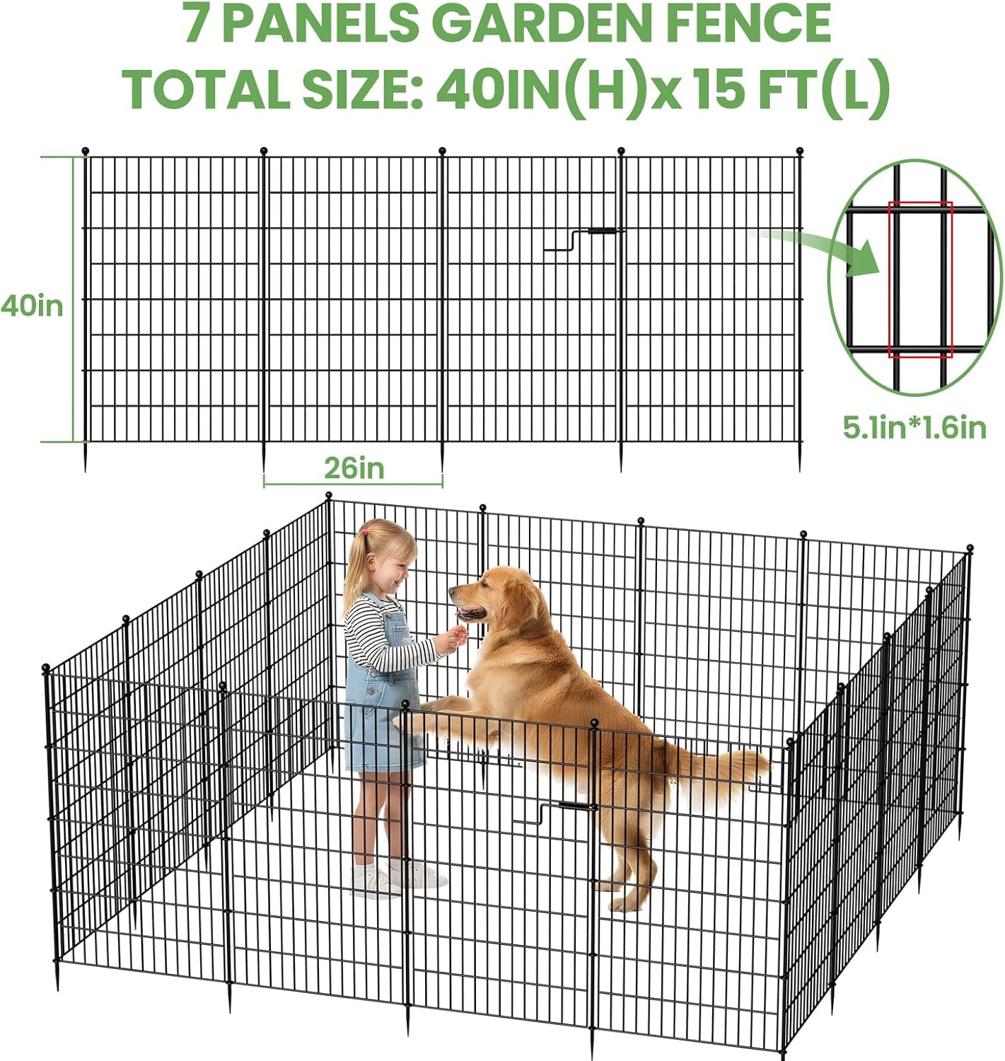 SLSY Metal Garden Fence Animal Barrier with Gate No Dig Dog Pet Fence 7/13 Panel