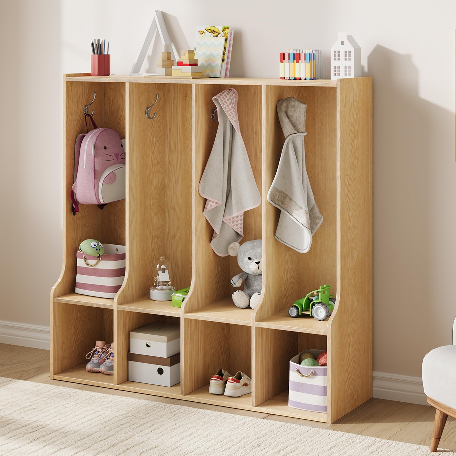 4-Section Classroom Coat Locker 4 Cubbies 8 Hooks Natural Oak for Home School