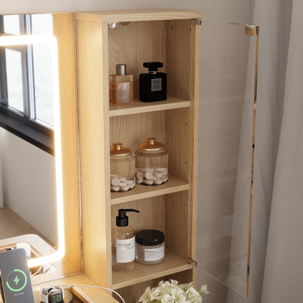 Cosmetic dresser with mirror, 10 drawers, stool, and charging station