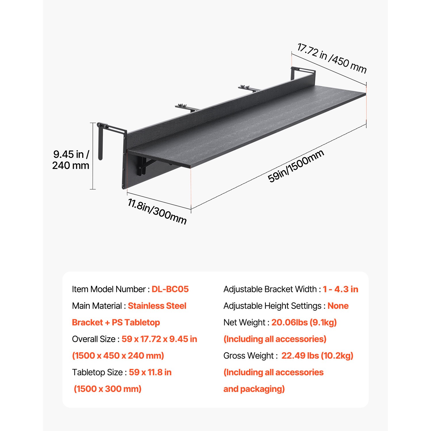 Balcony Hanging Table 12 x 59 in Outdoor Patio Railing Bar Table Foldable