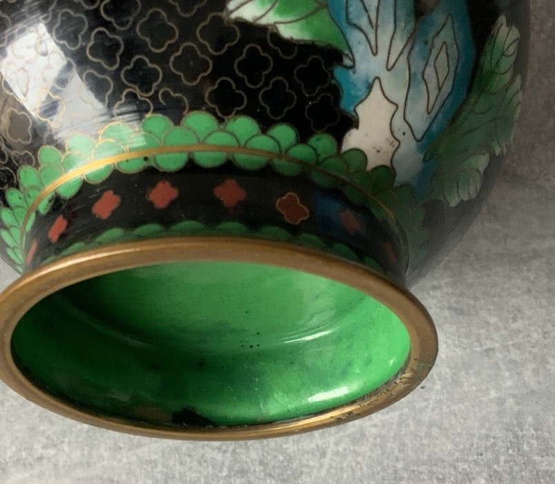 Lot Of 4 CLOISONNE Noir Enamel On Brass Variety Shapes Vases Vintage & Antique