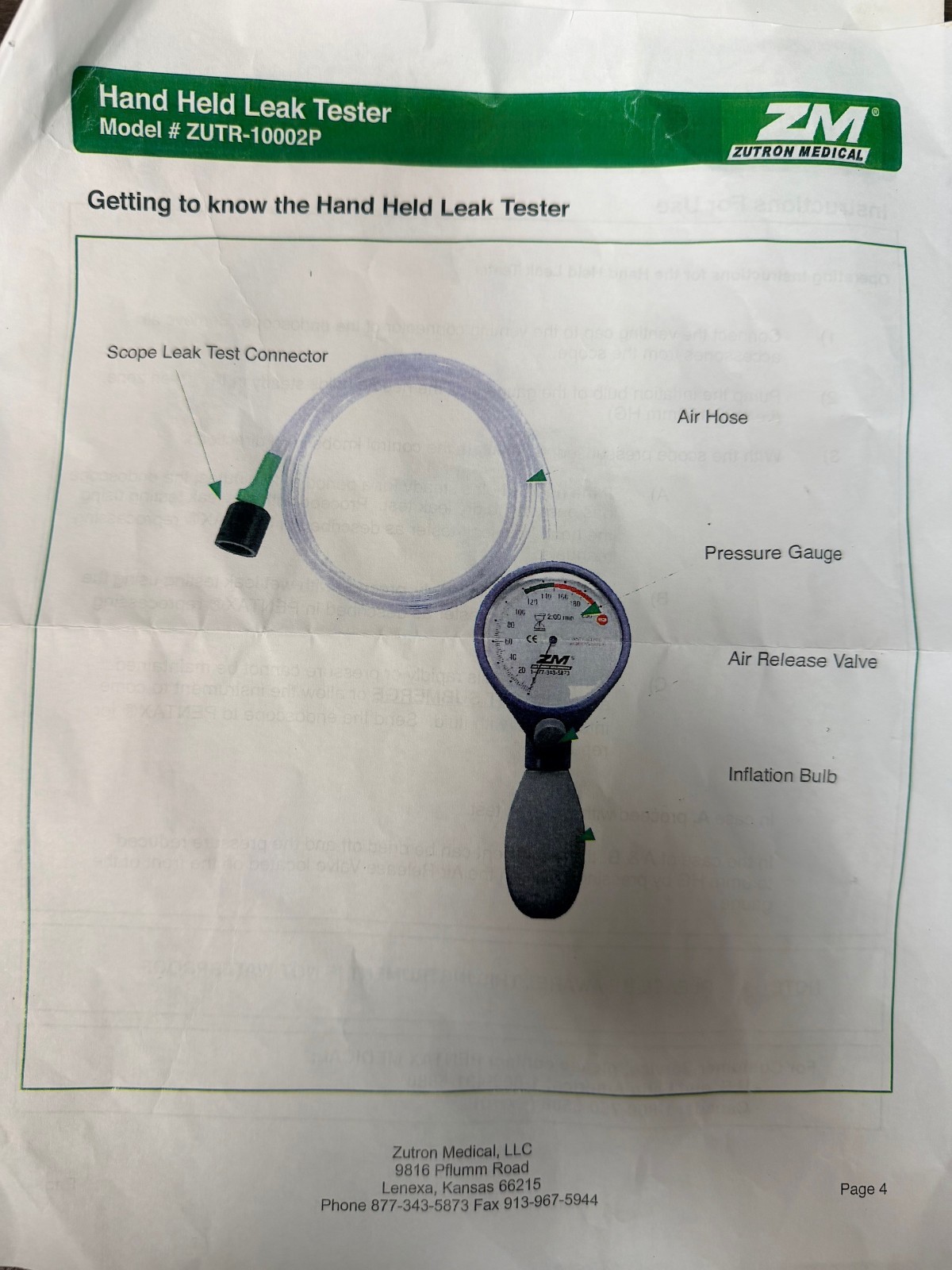Zutron Medical Manual Leak Tester w/ Pentax Connector f/ Pentax Flexible Scopes