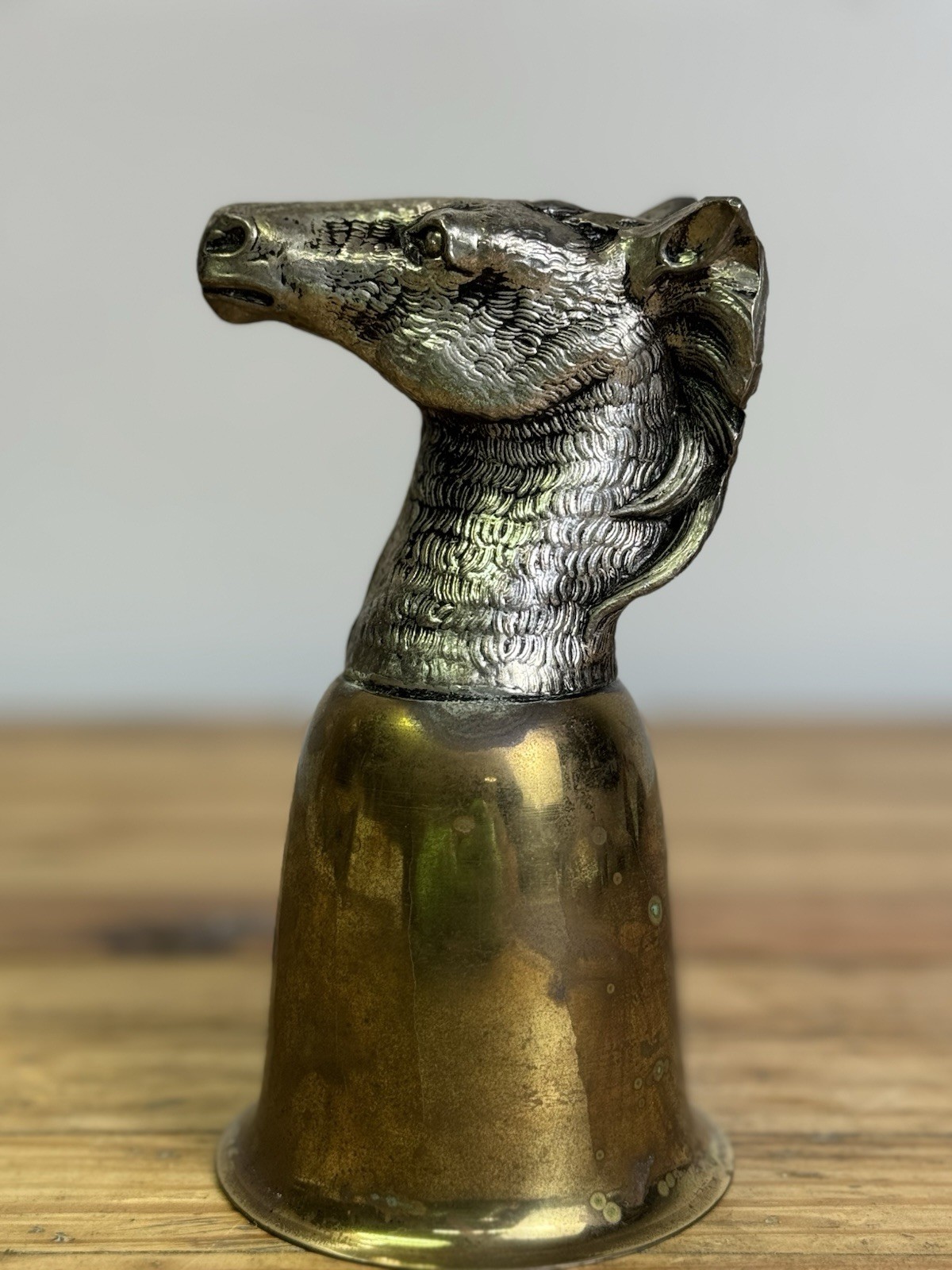 VINTAGE SIGNED MAURO MANETTI ITALY STIRRUP CUP HORSE HEAD BRASS AND SILVER PLATE