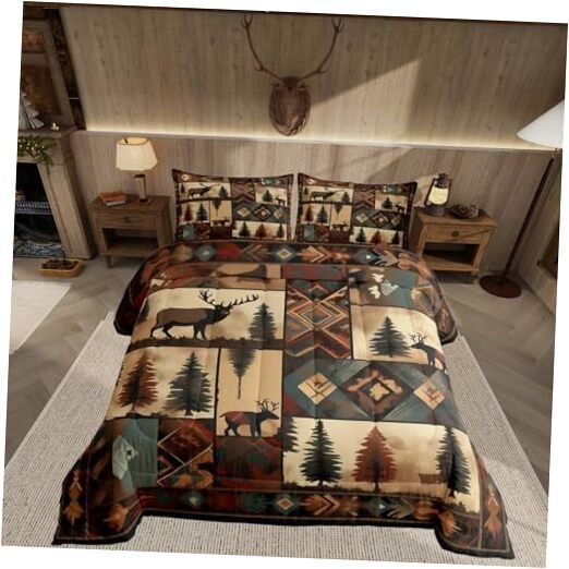 Deer Bedding Set Size Wild Animal Comforter Set for Kids Boys Queen Drak Brown
