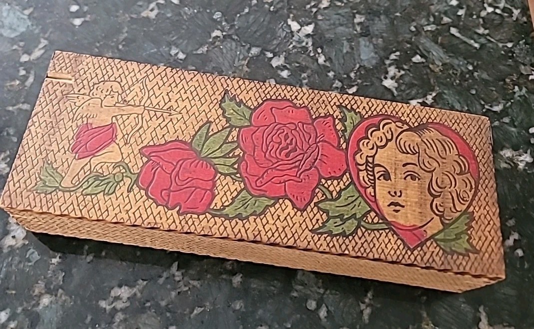 Antique Pyography Box Wood Valentine Painted Hearts Cupid Lady UNIQUE 10×3 1/2×2