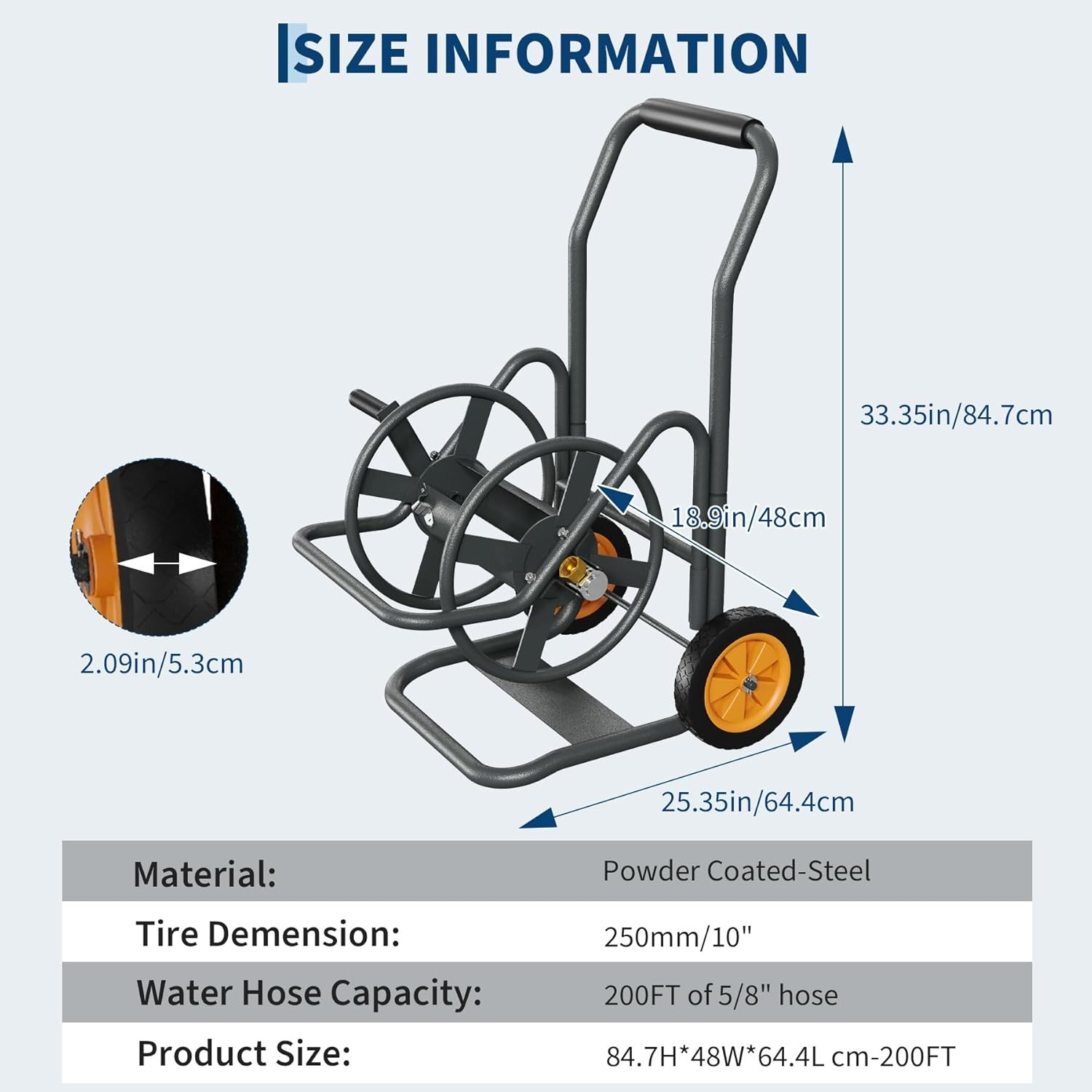 Heavy Duty Metal Garden Hose Reel Cart with Wheels Holds 200/300FT 5/8" Hose