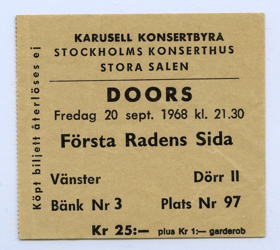 1968 THE DOORS Stockholm Sweden Original Concert Ticket